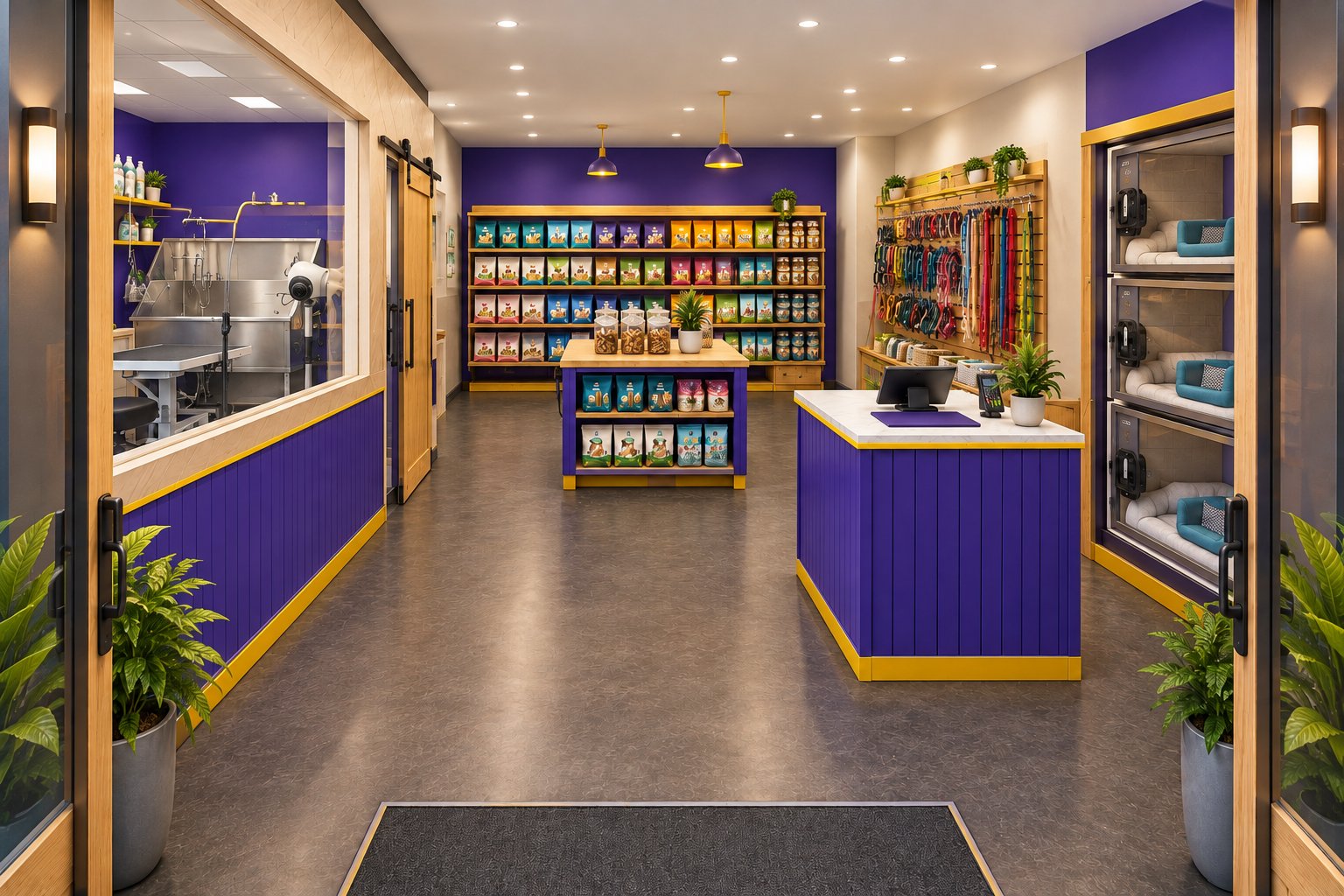 Render of the shop with food shelving, a treat island, a leash wall and the checkout counter